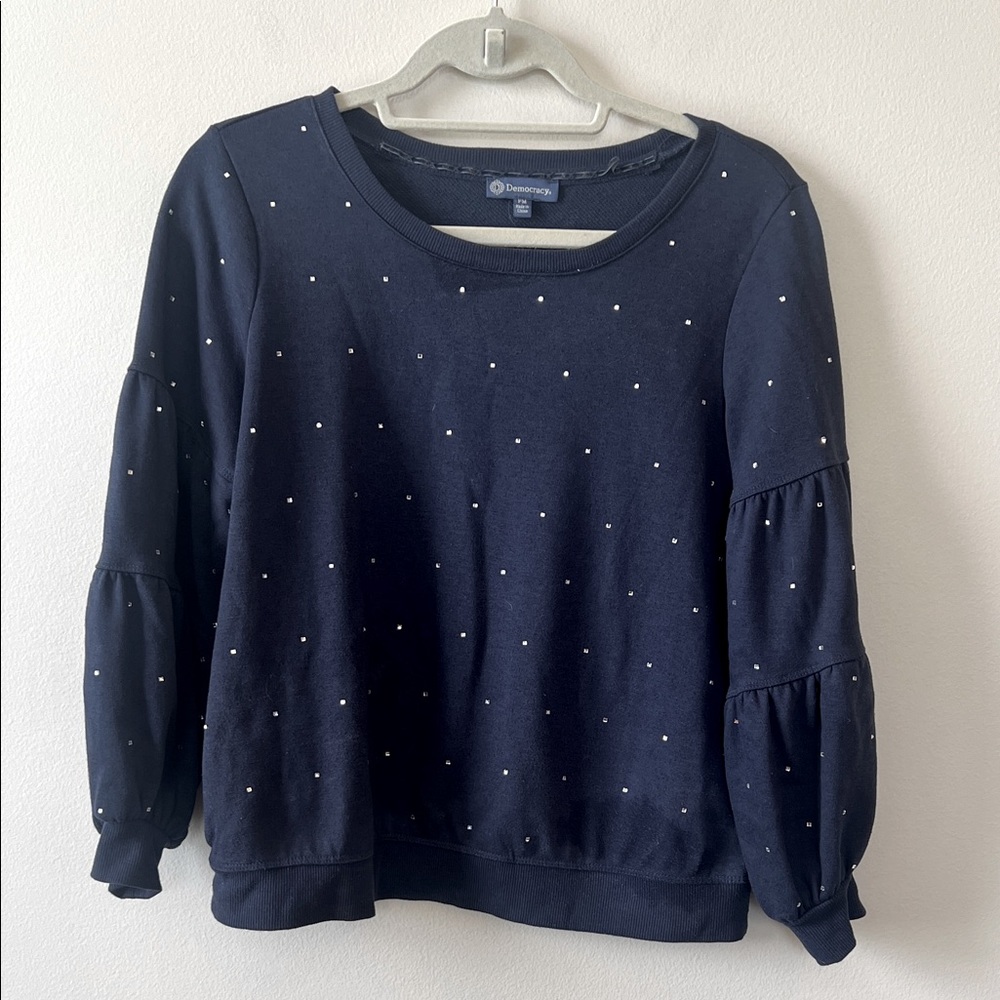 Democracy Sweatshirt Women MP Puff Sleeves Mirror‎ Sparkle Accent Cropped Length